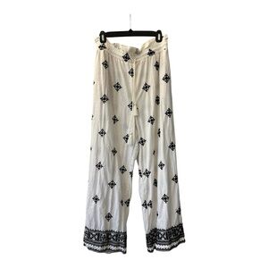 House of Harlow 1960 Linen Blend Embroidered Wide Leg Trouser Pants Medium